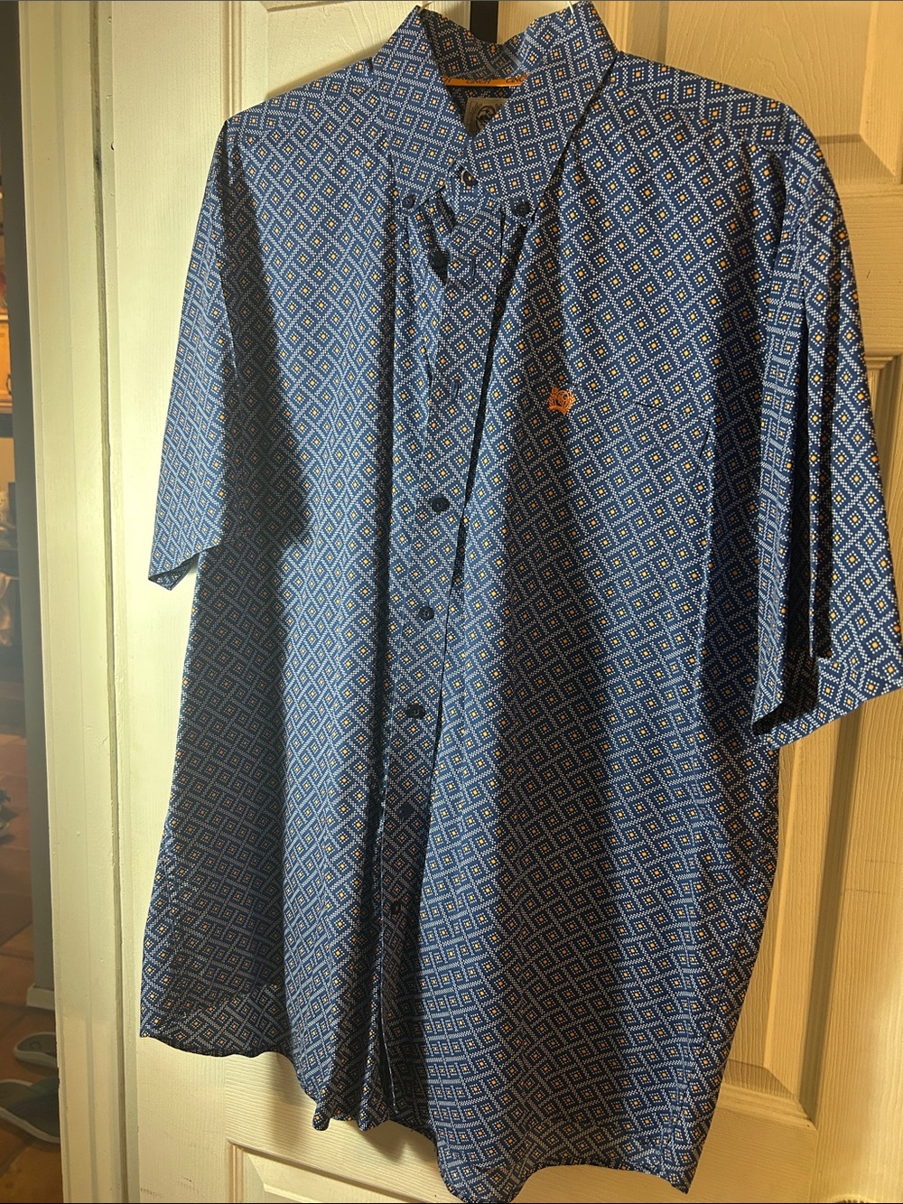 Cinch Blue Diamond-Pattern Short-Sleeve Button-Down Shirt